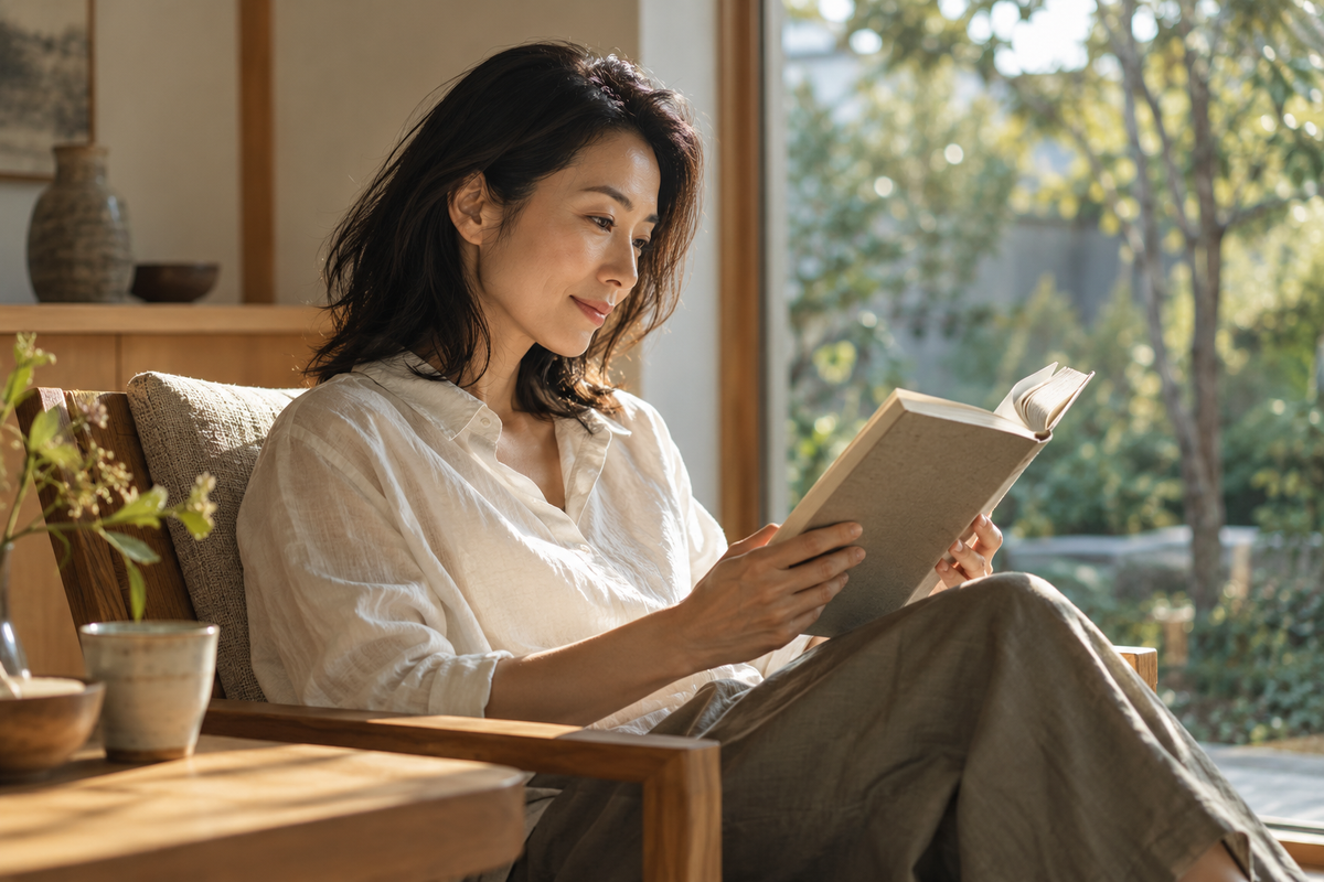 窓からの光の中で本を読むひととき